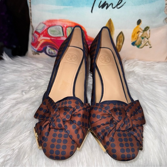 Tory Burch Bow Accent Polka Dot Chunky Heels In Brown & Navy Blue Size 7.5 - Picture 5 of 14